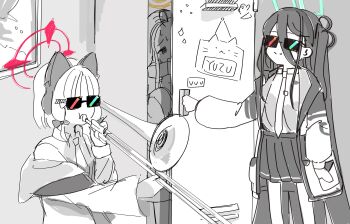 3girls absurdly_long_hair animal_ear_headphones animal_ears aris_(blue_archive) blue_archive bow cat_ear_headphones cat_ears character_name collared_shirt cowboy_shot fake_animal_ears feet_out_of_frame forehead green_halo hair_between_eyes hair_bow halo headphones highres in_locker indoors instrument limited_palette locker long_hair low-tied_sidelocks meme momoi_(blue_archive) multiple_girls music necktie one_side_up p2p2hifumi pink_halo playing_instrument pleated_skirt shirt shirt_tucked_in sidelocks skirt sunglasses trombone very_long_hair when_mama_isn&#039;t_home_(meme) wide_sleeves yuzu_(blue_archive)