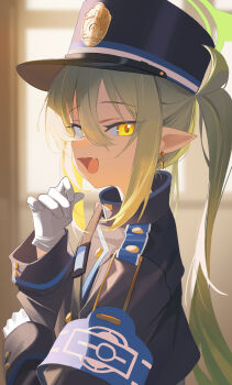 Rule 34 | 1girl, absurdres, armband, black jacket, blue archive, blue armband, blue hat, blurry, blurry background, buttoned cuffs, buttons, curled fingers, earrings, fang, from side, gloves, green hair, green halo, hair between eyes, halo, hand up, hat, highres, jacket, jewelry, kbsank, long hair, long sleeves, looking at viewer, looking to the side, nozomi (blue archive), open mouth, peaked cap, pointy ears, profile, sidelocks, skin fang, solo, twintails, upper body, white gloves, yellow eyes