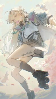 1girl absurdres agito_(agitoishere) bird black_skirt black_socks blonde_hair blowing_bubble_gum blue_eyes braid braided_bangs breasts chewing_gum chromatic_aberration commentary earrings from_below green_necktie hair_ornament headphones headphones_around_neck highres id_card jacket jewelry looking_at_viewer lynae_(wuthering_waves) medium_breasts necktie roller_skates shirt shirt_tucked_in signature skates skirt skull_hair_ornament socks solo star_(symbol) star_earrings tacet_mark_(wuthering_waves) white_bird white_jacket white_shirt wuthering_waves
