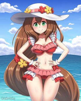 1girl android bikini blue_sky blush bracelet breasts brown_hair canadiananiguy flower frilled_bikini frills green_eyes hair_ornament hands_on_own_hips hat highres iris_(mega_man) jewelry joints long_hair looking_at_viewer low-tied_long_hair medium_breasts mega_man_(series) mega_man_x_(series) mega_man_x_dive navel ocean official_alternate_costume red_bikini robot robot_girl robot_joints sky smile solo sun_hat sun_hat_ornament swimsuit swimsuit_iris_(mega_man) very_long_hair