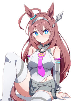 Rule 34 | 1girl, ahoge, animal ears, blue eyes, brown hair, commentary request, detached sleeves, grey skirt, grey sleeves, highleg, highleg leotard, hiro (pqtks113), horse ears, horse girl, horse tail, horseshoe ornament, leotard, lowleg, lowleg skirt, mihono bourbon (mb-19890425) (umamusume), mihono bourbon (umamusume), necktie, necktie overhang, pink necktie, pleated skirt, silver hairband, simple background, skirt, solo, tail, thighhighs, umamusume, white background, white leotard, white thighhighs
