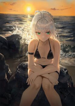 1girl ahoge arm_rest arm_strap bare_shoulders beach bikini black_bikini braid breasts closed_mouth cloud commentary elbow_rest fate_(series) flippy_(cripine111) gradient_sky gray_(fate) green_eyes hair_bun highres horizon knees looking_at_viewer lord_el-melloi_ii_case_files medium_breasts navel o-ring o-ring_bikini o-ring_top ocean on_rock orange_sky outdoors rock sand scenery shore short_hair single_hair_bun sitting skindentation sky solo stomach string_bikini sun sunset swimsuit thigh_strap water waves white_hair