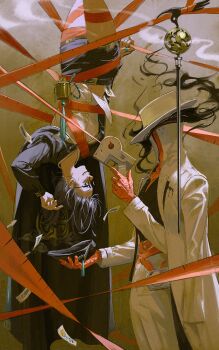 123456789qaqaqa 1girl 1other absurdres black_hair breasts cowboy_shot glasses hanging hat highres jacket low_ponytail medium_breasts original pants ponytail smile tape_dispenser upside-down white_hat white_jacket white_pants