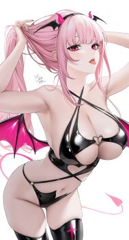 Rule 34 | 1girl, absurdres, armpits, arms up, bikini, black bikini, black thighhighs, blunt bangs, breasts, cleavage, criss-cross halter, demon girl, demon horns, demon tail, demon wings, fake horns, hairband, halterneck, heart, heart o-ring, highres, hololive, hololive english, horn hairband, horns, large breasts, long hair, looking at viewer, mori calliope, navel, o-ring, o-ring bikini, oikomia, pink eyes, pink hair, sidelocks, simple background, solo, stomach, swimsuit, tail, thighhighs, tongue, tongue out, tying hair, virtual youtuber, white background, wings