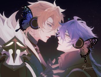 Rule 34 | 2boys, black gloves, blonde hair, blue eyes, blue hair, flins (genshin impact), genshin impact, gloves, hand grab, highres, labyrxxnth, looking at another, male focus, multiple boys, open mouth, scar, scar on face, scar on neck, varka (genshin impact), watermark, yaoi, yellow eyes