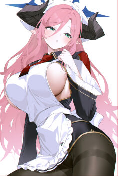 1girl absurdres apron bine_kun black_horns black_pantyhose blue_archive breastless_clothes breasts demon_horns halo headscarf highres horns juri_(blue_archive) large_breasts long_hair looking_at_viewer necktie panties pantyhose pantyshot pink_hair pointy_ears red_necktie sideboob solo thighband_pantyhose underwear white_background