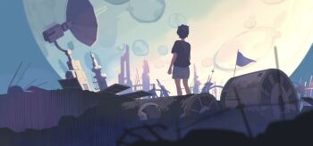 1boy black_hair black_shirt building commentary english_commentary facing_away flag from_behind grey_shorts helmet highres moon original outdoors satellite_dish scenery science_fiction shirt short_hair shorts solo space space_helmet taizo_(taizo_03) unworn_headwear unworn_helmet wide_shot wreckage