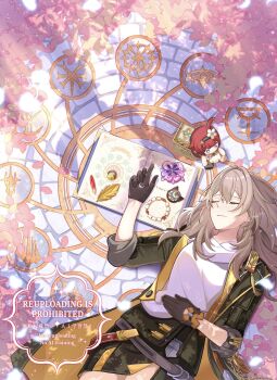 1girl absurdres as_i&#039;ve_written_(honkai:_star_rail) black_coat black_gloves black_skirt character_doll closed_eyes coat commentary cyrene_(honkai:_star_rail) doll gloves grey_hair hair_between_eyes highres honkai:_star_rail honkai_(series) long_hair morse_code_commentary open_clothes open_coat parted_lips pointy_ears shiba_(tonari_no_shiba_inu) shirt skirt solo symbol-only_commentary trailblazer_(honkai:_star_rail) tribbie_(honkai:_star_rail) very_long_hair white_shirt