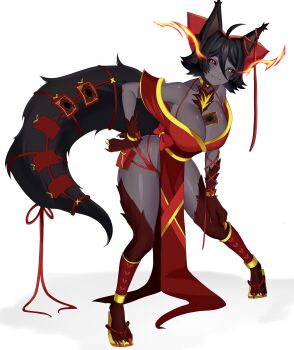 1girl absurdres ahoge animal_ears animal_feet animal_hands bare_shoulders between_breasts black_sclera breasts card card_between_breasts closed_mouth colored_sclera colored_skin commentary commission dog_ears dog_girl dog_tail double-parted_bangs english_commentary flaming_eyes full_body grey_skin hair_between_eyes hellhound_(monster_girl_encyclopedia) highres leg_fur leiden_yaegore looking_at_viewer monster_girl monster_girl_encyclopedia pelvic_curtain purple_hair red_eyes short_hair simple_background smile solo tail trading_card white_background yellow_eyes yu-gi-oh!