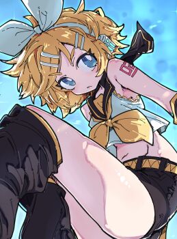 Rule 34 | 1girl, black sailor collar, black shorts, blonde hair, blue background, blue eyes, bow, bow hairband, commentary, cropped shirt, elenagr, english commentary, hair ornament, hairband, hairclip, headset, highres, kagamine rin, looking at viewer, midriff, neckerchief, number tattoo, parallel hairclips, sailor collar, shirt, short hair, shorts, shoulder tattoo, sleeveless, sleeveless shirt, solo, tattoo, thighhighs, vocaloid, white bow, white shirt, yellow neckerchief