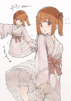 1boy 50-nin_craft \||/ absurdres bloomers blush bow choppy_bangs closed_mouth crossdressing crossdressing_(mtf) frilled_kimono frills hair_bow highres japanese_clothes kimono lolita_fashion looking_at_self male_focus multiple_views omochi_art753 orange_eyes orange_hair outstretched_arms parted_lips pink_bow pink_kimono raised_inner_eyebrows ribbon short_hair short_kimono sidelocks simple_background skirt skirt_tug sleeves_past_wrists solo spread_arms standing straight_hair thighs translated trap twintails underwear wa_lolita wadrud_(youtuber) white_bloomers