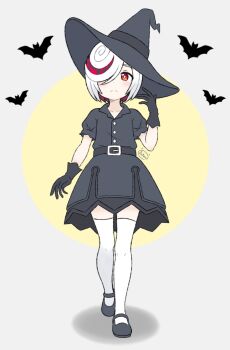 1girl alternate_costume artist_name artsatoru19 bat_(animal) black_dress black_gloves black_hat black_shoes closed_mouth dress full_body gloves hair_over_one_eye hat highres looking_at_viewer puffy_short_sleeves puffy_sleeves red_eyes sage_(sonic) shoes short_hair short_sleeves signature solo sonic_(series) thighhighs white_hair white_thighhighs witch_hat