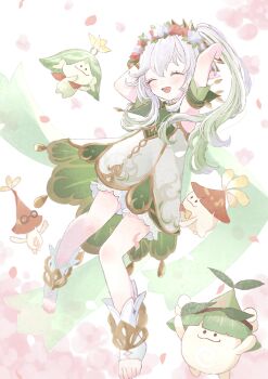 1girl :3 :d absurdres aranara_(genshin_impact) arms_behind_head arms_up brown_hat cape child closed_eyes commentary_request covered_armpit detached_sleeves dress facing_to_the_side genshin_impact gold_trim green_cape green_hair green_sleeves hat head_wreath highres leaf_hat light_blush looking_up multicolored_hair nahida_(genshin_impact) open_mouth outstretched_arms petals pointy_ears ponytail ppptms reaching reaching_towards_another sleeveless sleeveless_dress smile solo stirrup_footwear streaked_hair teeth toeless_footwear two-tone_hair upper_teeth_only white_background white_dress white_footwear white_hair