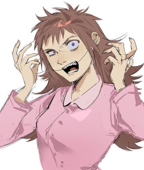 1girl blue_eyes braces breasts brown_hair buttons collared_shirt crazy crazy_eyes fingernails hands_up kugai697139 long_hair long_sleeves looking_at_viewer medium_breasts messy_hair open_mouth pink_shirt shelley_marsh shirt simple_background solo south_park teeth tongue upper_body white_background