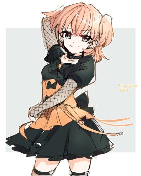 1girl arm_up black_dress blue_eyes character_name closed_mouth collarbone commentary cowboy_shot dress fishnet_sleeves fishnets grey_background highres hinoshita_kaho kanduki_kamibukuro link!_like!_love_live! long_sleeves looking_at_viewer love_live! medium_hair new_black_(love_live!) official_alternate_costume orange_hair see-through_clothes see-through_sleeves short_dress simple_background solo split_mouth standing two_side_up virtual_youtuber