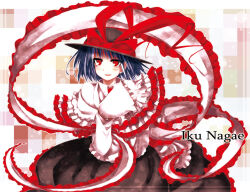 Rule 34 | 1girl, black hat, black skirt, blush, bow, capelet, character name, commentary request, frilled shawl, frills, hagoromo, hat, hat bow, kazetto, long sleeves, looking at viewer, nagae iku, open mouth, purple hair, red bow, red eyes, shawl, short hair, skirt, solo, touhou, white capelet
