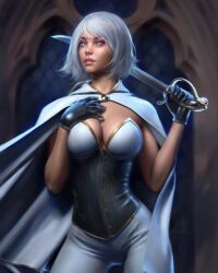 Rule 34 | 1girl, alternate skin color, angel stinson, black gloves, blue eyes, breasts, cape, cleavage, commentary, contrapposto, cowboy shot, dark-skinned female, dark skin, english commentary, eyeshadow, gloves, highres, holding, holding sword, holding weapon, large breasts, makeup, mismatched eyebrows, pants, pink eyeshadow, solo, stake (character), stake (comic), sword, weapon, white cape, white hair, white pants, will jack