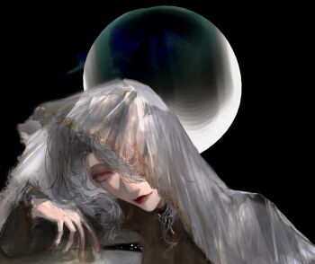 1girl black_bow bow character_request check_copyright close-up copyright_request highres lipstick long_hair looking_at_viewer makeup red_eyes reverse:1999 simple_background solo veil waffle820 white_hair white_veil