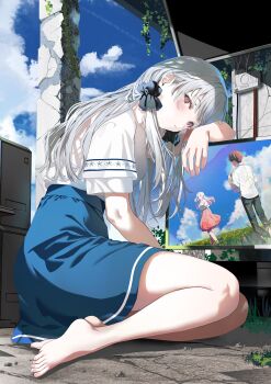 1girl absurdres amei_kanna bare_legs barefoot black_pants black_scrunchie blouse blue_skirt blue_sky blush brown_hair closed_mouth cloud commentary_request day grey_hair hair_ornament hair_scrunchie hakuchuumu_no_aojashin highres long_hair looking_at_viewer momonouchi_sumomo multicolored_hair official_art pants pink_hair pink_skirt red_eyes scrunchie second-party_source shimofuri shirt short_hair short_sleeves sitting skirt sky solo television two_side_up white_shirt yonagi_(hakuchuumu_no_aojashin)