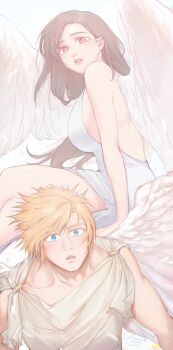 1boy 1girl angel angel_wings bare_shoulders black_hair blonde_hair blue_eyes breasts cloud_strife collarbone commentary dress earrings feathered_wings feathers feet_out_of_frame final_fantasy final_fantasy_vii from_side hair_behind_ear highres jewelry large_breasts linono lips long_hair looking_at_another looking_at_viewer looking_to_the_side parted_lips pink_lips red_eyes short_hair signature single_earring spiked_hair symbol-only_commentary tifa_lockhart tunic upper_body white_dress white_feathers white_tunic white_wings wings