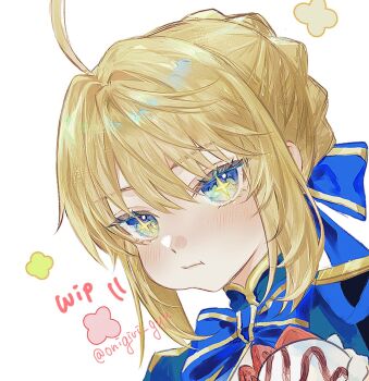 Rule 34 | + +, 1girl, ahoge, artist name, artoria pendragon (fate), blonde hair, blue bow, blue bowtie, blue dress, blush, bow, bowtie, braid, cleavage cutout, closed mouth, clothing cutout, commentary, dress, eating, fate/stay night, fate/unlimited blade works, fate (series), food, fruit, green eyes, hair between eyes, hair bow, hair bun, highres, honkai: star rail, honkai (series), huge ahoge, ice cream, juliet sleeves, long sleeves, looking at viewer, nigiri, puffy sleeves, saber (fate), saber (honkai: star rail) (fate), short hair, sidelocks, simple background, solo, strawberry, symbol-only commentary, unfinished, upper body, white background