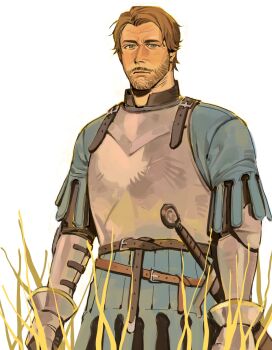 1boy alternate_costume armor arthur_morgan beard_stubble belt_around_waist blonde_hair blue_tunic breastplate closed_mouth commentary cowboy_shot english_commentary facial_hair gorget green_eyes highres knight kunnuscumnus looking_at_viewer male_focus mature_male on_grass red_dead_redemption_(series) red_dead_redemption_2 scar scar_on_chin scar_on_face short_hair side_part standing stubble sword tunic weapon white_background