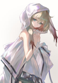 1girl absurdres animal_ears aqua_eyes arknights arms_up bare_arms bare_shoulders brown_hair closed_mouth commentary_request cowboy_shot dress gradient_hair hair_between_eyes hierda_(arknights) highres hood hood_up looking_at_viewer medium_hair multicolored_hair puranetto_(vjun4748) rabbit_ears rabbit_girl simple_background solo white_background white_dress