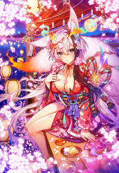 Rule 34 | 1girl, aburaage, age of ishtaria, alcohol, animal ear fluff, animal ears, breasts, cherry blossoms, cleavage, collarbone, floral print, floral print kimono, flower, food, fox ears, fox mask, fox tail, full moon, grey hair, highres, japanese clothes, kimono, lantern, large breasts, looking at viewer, mask, moon, munlu (wolupus), night, night sky, official art, red eyes, red kimono, seimei (age of ishtaria), sitting, sky, solo, tail, wide sleeves