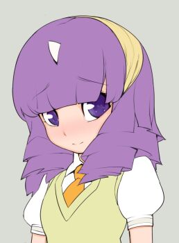 1girl bad_id bad_pixiv_id blush doxy embarrassed female_focus hairband horns my_little_pony my_little_pony:_friendship_is_magic necktie personification purple_eyes purple_hair school_uniform single_horn solo sweater_vest twilight_sparkle