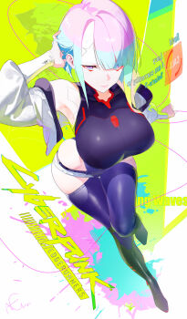 1girl bare_shoulders black_bodysuit bodysuit breasts clothing_cutout commentary_request cyberpunk:_edgerunners cyberpunk_(series) eyeliner grey_hair highres hip_vent jacket large_breasts long_sleeves looking_at_viewer lucy_(cyberpunk) makeup multicolored_hair off_shoulder omone_hokoma_agm open_clothes open_jacket purple_eyes red_eyeliner short_hair sidelocks solo thighs white_jacket