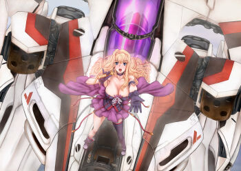 1girl blonde_hair blue_eyes breasts cockpit floating gerwalk gloves large_breasts long_hair macross macross_frontier mecha microphone music outstretched_arm outstretched_hand pinky_out robot scharfschutze sheryl_nome singing single_thighhigh thighhighs vf-15 vf-25