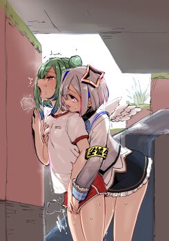 2girls absurdres amane_kanata angel aomushi_(mushamusha) blue_hair blush breasts breath colored_inner_hair double_bun feathered_wings female_focus fingering fingering_through_clothes grabbing_another&#039;s_breast green_hair groping gym_uniform hair_bun hair_ornament halo heavy_breathing highres hololive kodomo_doushi loli minecraft multicolored_hair multiple_girls name_tag open_mouth red_eyes shirt short_hair short_sleeves shorts silver_hair small_breasts streaked_hair sweat through_clothes uruha_rushia virtual_youtuber water white_shirt wings yuri