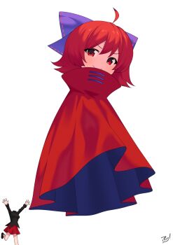 1girl ahoge black_shirt bow cloak closed_mouth commentary_request disembodied_head floating_head hair_bow headless highres leg_up long_sleeves looking_at_viewer medium_hair punidayo purple_bow red_cloak red_eyes red_hair red_skirt ribbon-trimmed_bow ribbon_trim sekibanki shirt signature simple_background skirt smile solo touhou white_background