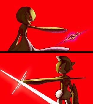 Rule 34 | aiither, artist name, bob cut, colored skin, dress, gallade, gardevoir, gen 3 pokemon, gen 4 pokemon, green sky, highres, looking at viewer, looking back, multicolored skin, nintendo, pokemon, pokemon (creature), red background, red eyes, simple background, sky, two-tone skin, white dress, white skin