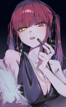 1girl absurdres black_ribbon breasts bun_(bun_5u) cleavage cosmetics earrings hair_ribbon heterochromia highres holding holding_lipstick_tube hololive houshou_marine jewelry lipstick lipstick_tube low-cut makeup necklace no_eyepatch pearl_necklace red_hair ribbon ring solo