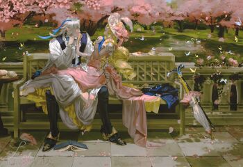 1boy 1girl absurdres alternate_costume arm_around_back ascot bench black_pants black_shoes blonde_hair blue_gemstone blue_nails blue_vest book bow bug butterfly cane cherry_blossoms closed_mouth commentary_request couple cup day dress drill_hair earrings falling_petals flower folded_fan folding_fan full_body gem genshin_impact gown hair_over_eyes hand_fan hand_on_own_cheek hand_on_own_face hat hat_bow heel_pop hetero high_heels highres holding holding_fan insect jacket jewelry laughing lluluchwan long_hair long_sleeves looking_at_another nail_polish navia_(genshin_impact) neuvillette_(genshin_impact) on_bench open_book open_mouth outdoors pants parasol park park_bench petals pink_bow pink_dress pink_flower pink_shoes plate pointy_ears pond railing ring saucer shirt shoes signature single_bare_foot sitting sitting_on_lap sitting_on_person smile teacup teeth toenail_polish toenails tree umbrella unworn_jacket unworn_shoe upper_teeth_only vest water wedding_ring white_ascot white_hair white_shirt