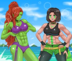 Rule 34 | 2girls, abs, bikini, four armed, green eyes, indie virtual youtuber, multiple girls, muscular, muscular female, orc, radia active, scorpion tail, swimsuit, tail