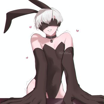 1boy 9s_(nier:automata) animal_ears black_collar black_gloves black_leotard blindfold collar elbow_gloves fake_animal_ears gloves highres leotard male_playboy_bunny nier:automata nier_(series) playboy_bunny rabbit_ears solo strapless strapless_leotard toriko_marise trap white_background