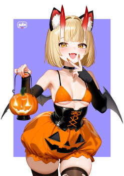 1girl absurdres animal_ear_fluff animal_ears armpits bikini black_corset black_sleeves black_thighhighs black_wings breasts cat_ears commentary corset cowboy_shot cowgirl_position fang fingernails halloween_costume highres holding holding_pumpkin horns lantern latex_corset looking_at_viewer medium_breasts mole mole_on_armpit nail_polish orange_bikini orange_eyes orange_nails original pumpkin pumpkin_print pumpkin_skirt red_horns regiana_(jubi) short_hair skin-covered_horns skin_fang solo straddling swimsuit symbol-only_commentary thighhighs torn_clothes torn_thighhighs v v_over_mouth wings