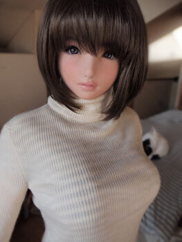 1girl 3d bad_id bad_pixiv_id breasts brown_eyes brown_hair female_focus hinemaru long_hair original realdoll sex_doll shirt solo sweater taut_clothes taut_shirt