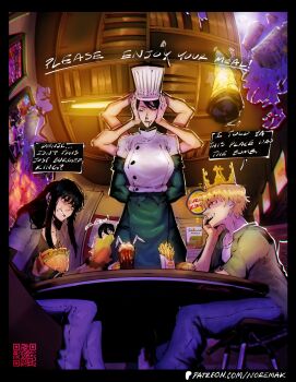 1boy 3girls apron black_apron black_eyes black_gloves black_hair black_tank_top blonde_hair blue_pants burger burger_king_crown chainsaw_man chef_hat clenched_teeth closed_eyes commentary denim denji_(chainsaw_man) drinking_straw elbow_gloves english_commentary english_text falling_devil_(chainsaw_man) fast_food flat_top_chef_hat food french_fries gloves grey_shirt hat highres holding holding_burger holding_food indoors jeans long_hair mitaka_asa multiple_girls noremmak pants red_eyes reze_(chainsaw_man) shirt short_hair tank_top teeth waist_apron white_tank_top