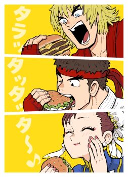1girl 2boys absurdres biting blonde_hair blue_eyes blush border brown_hair bun_cover burger capcom chewing china_dress chinese_clothes chun-li closed_eyes dougi dress eating fingernails food forked_eyebrows hair_bun headband highres holding holding_burger holding_food kangyaku ken_masters mandarin_collar medium_sideburns multiple_boys nail_polish one_eye_closed open_mouth red_headband ryu_(street_fighter) street_fighter teeth tongue translation_request white_border yellow_background