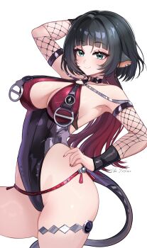 1girl absurdres aki_hoshino animal_ears artist_name black_hair black_one-piece_swimsuit breasts cleavage_cutout clothing_cutout commentary covered_navel english_commentary fishnet_sleeves fishnets green_eyes highres jane_doe_(nocturne_of_light)_(zenless_zone_zero) jane_doe_(zenless_zone_zero) large_breasts long_hair looking_at_viewer mouse_ears mouse_girl mouse_tail official_alternate_costume one-piece_swimsuit red_hair red_nails simple_background smile solo swimsuit tail thigh_strap thighs very_long_hair white_background zenless_zone_zero