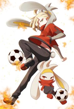 1boy ball black_pants blonde_hair clothes_lift commentary_request cosplay ear_piercing fire gen_8_pokemon gladion_(pokemon) green_eyes grey_footwear hand_in_pocket highres leg_up male_focus mocacoffee_1001 nintendo pants piercing pokemon pokemon_(creature) pokemon_sm raboot raboot_(cosplay) red_shirt shirt shirt_lift shoes short_hair short_sleeves soccer_ball white_background