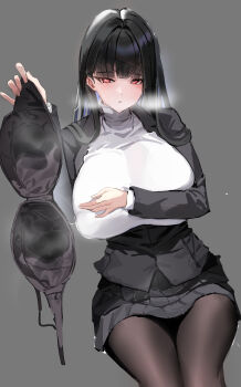 1girl absurdres black_bra black_hair black_halo black_pantyhose blue_archive bra breasts bright_pupils commentary_request grey_background hair_behind_ear hair_ornament hairclip halo highres holding holding_bra holding_underwear holding_unworn_clothes huge_breasts looking_at_viewer mimiim pantyhose presenting_bra red_eyes ringed_eyes rio_(blue_archive) sitting solo sweater thighs turtleneck turtleneck_sweater underwear unworn_bra white_pupils white_sweater