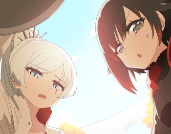 2girls ar_jart black_dress black_hair blue_eyes blue_sky cloud dress earrings gradient_hair grey_eyes jewelry looking_down multicolored_hair multiple_girls open_mouth ponytail red_hair ruby_rose rwby scar scar_across_eye scar_on_face short_hair sky sweatdrop tiara weiss_schnee white_dress white_hair