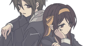 Rule 34 | 1boy, 1girl, alternate hairstyle, bow, bowtie, brown bow, brown bowtie, brown eyes, brown hair, brown jacket, closed mouth, commentary request, hairband, jacket, koizumi itsuki, kouyouen academy school uniform, long hair, long sleeves, nanonome, official alternate costume, ribbon, school uniform, simple background, suzumiya haruhi, suzumiya haruhi no shoushitsu, suzumiya haruhi no yuuutsu, white background, winter uniform, yellow hairband, yellow ribbon