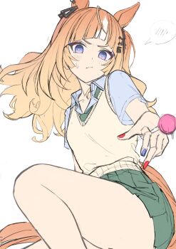 1girl absurdres alternate_costume animal_ears bare_legs blue_nails blue_shirt candy chupa_chups collared_shirt commentary_request dress_shirt espoir_city_(umamusume) feet_out_of_frame food gradient_hair green_necktie green_skirt highres holding holding_candy holding_food holding_lollipop horse_ears horse_girl horse_tail iam_(tetsu0ekaki) lollipop long_hair looking_at_viewer miniskirt multicolored_hair multicolored_nails necktie orange_hair pleated_skirt red_nails school_uniform shirt short_sleeves skirt solo streaked_hair summer_uniform sweater_vest tail two-tone_nails umamusume unfinished white_hair yellow_sweater_vest