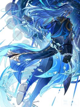 1boy black_boots black_gloves blue_coat boots cane coat floating_hair frilled_cuffs from_behind genshin_impact gloves grey_hair hair_ribbon highres holding holding_cane hydrokinesis long_hair neuvillette_(genshin_impact) ribbon tailcoat thigh_boots tsugutoku walking water white_background