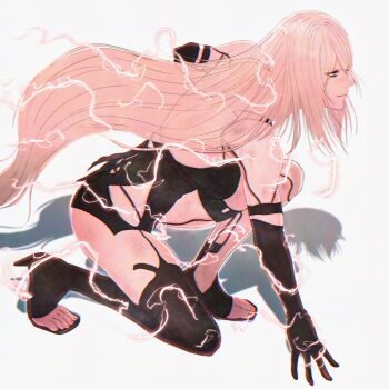1girl a2_(nier:automata) bare_shoulders black_boots black_gloves black_shirt black_shorts boots breasts closed_mouth elbow_gloves electricity fighting_stance furrowed_brow gloves hair_over_one_eye highres long_hair lux_spei medium_breasts micro_shorts nier:automata nier_(series) on_one_knee open-toe_boots pink_hair shirt shorts solo thigh_boots white_background